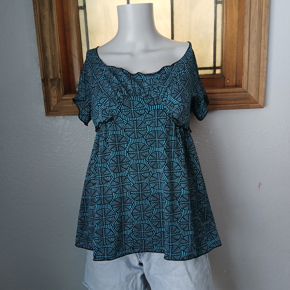 Y2K Babydoll Shirt, Teal Patterned Blouse Top, Petite M, Ruffle Flutter Sleeves